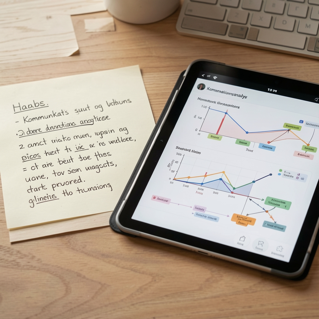 Nahaufnahme handschriftlicher Notizen neben einem Tablet mit Diagrammen zur Kommunikationsanalyse