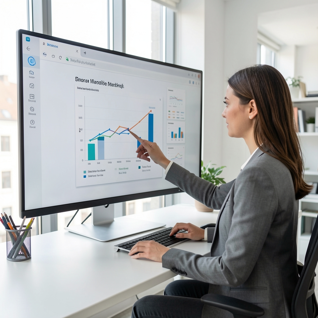 Analystin prüft Marketingdiagramme auf einem großen Monitor in einem hellen Arbeitsraum