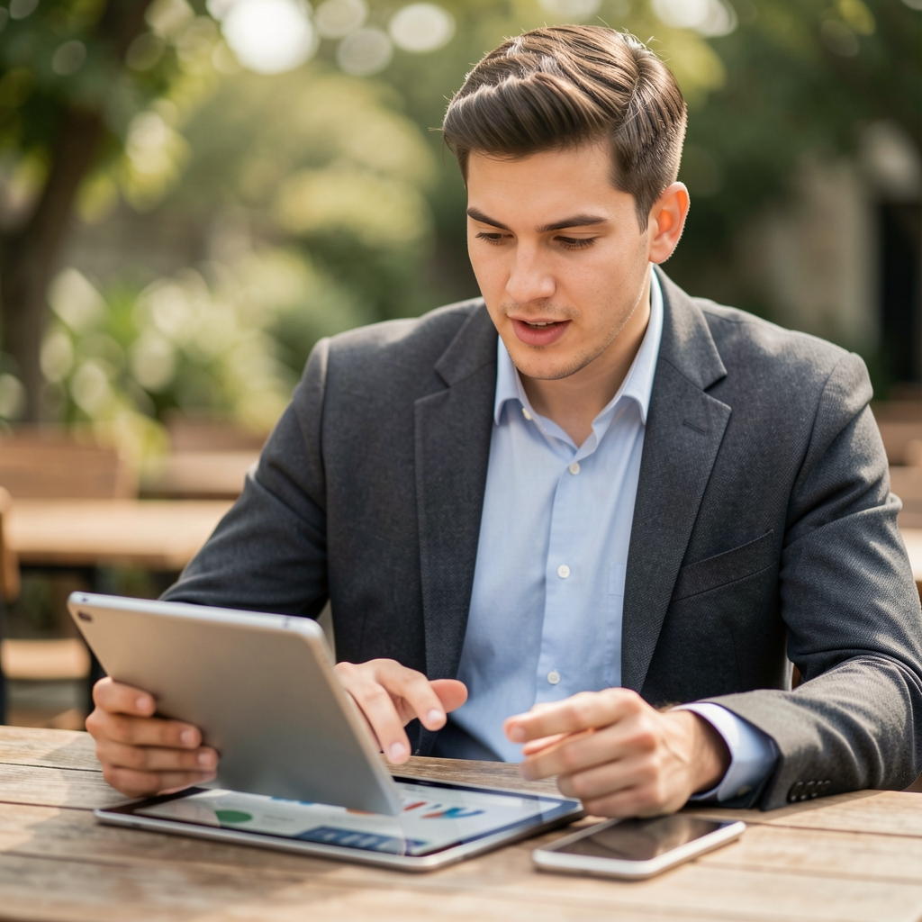 Kleines Redaktionsteam diskutiert Ausdrucke und Tablet-Daten an einem Holztisch