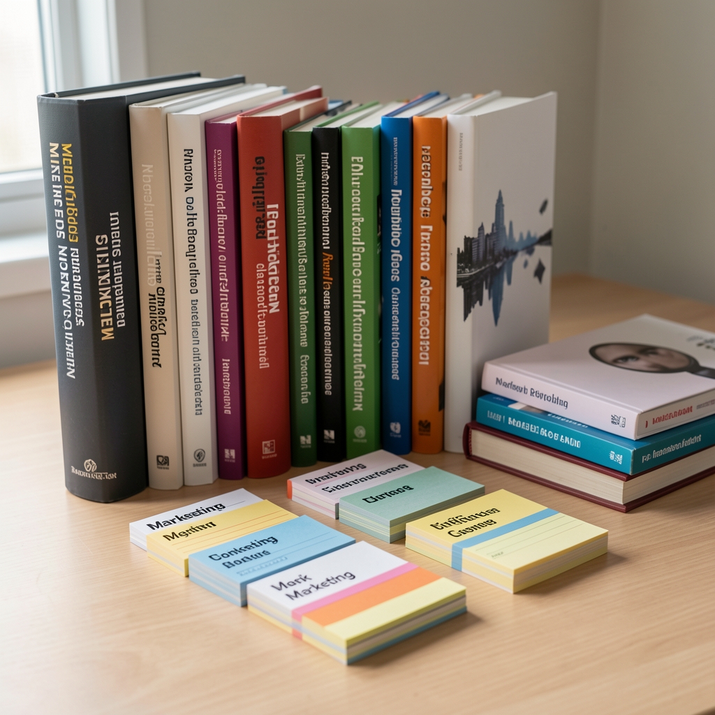 Geordnete Fachbücher und Karteikarten mit Begriffen aus Marketing und Medienforschung