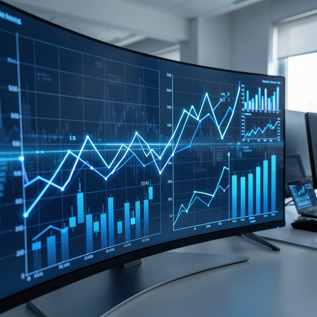 Abstrakte Darstellung digitaler Marketingtrends mit Datenlinien, Diagrammen und blauem Licht