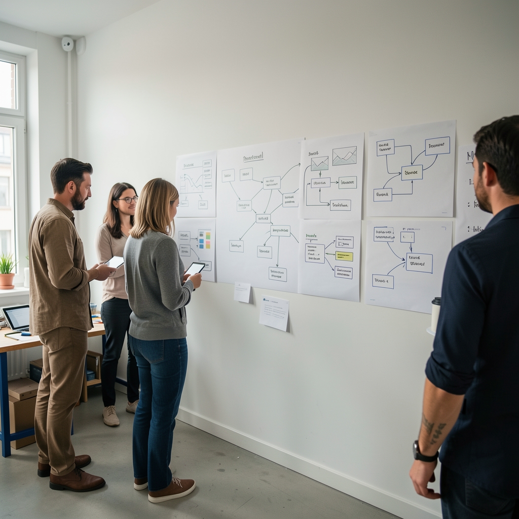 Workshop mit Personen, Diagrammen und digitalen Kommunikationsskizzen an einer weißen Wand