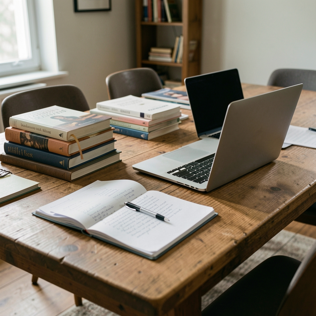 Redaktionelle Recherche mit Büchern, Notizen und Laptop auf einem großen Tisch