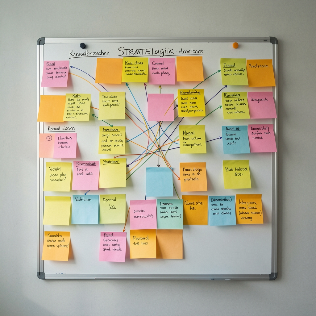 Strategieboard mit farbigen Notizzetteln, Kanalbezeichnungen und handschriftlichen Verbindungen