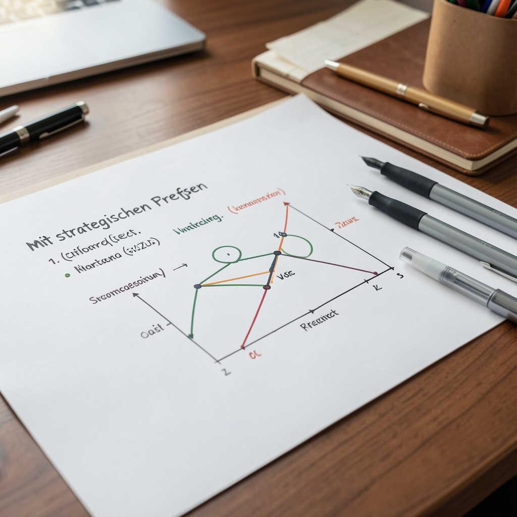Offenes Notizbuch mit strategischen Fragen, Diagrammen und Stiften auf einem Arbeitstisch