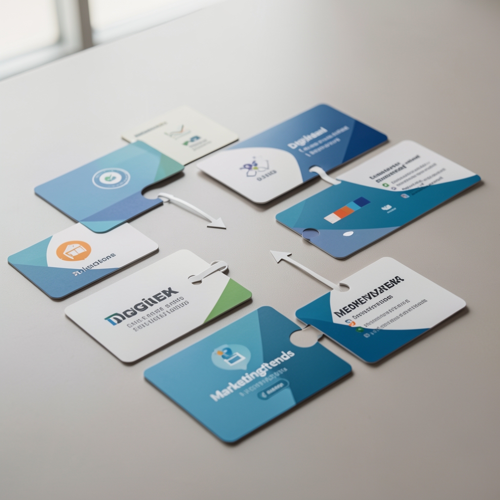 Helle Wand mit miteinander verbundenen Karten zu digitalen Marketingtrends